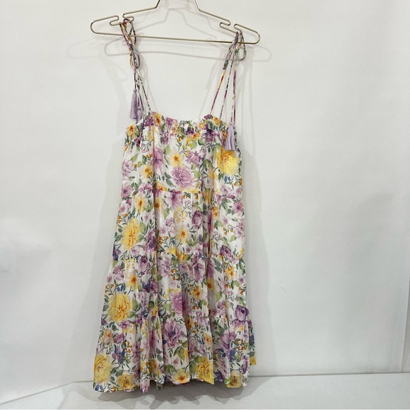 Floral Tassel Tie Mini Dress Multicolored Sheer Lined Tiered Shimmery - Picture 1 of 14